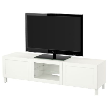 Тумба под ТВ с ящиками и дверцей БЕСТО, Ханвикен белый прозрачное стекло (180x40x48 см)