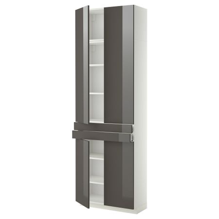 Высокий шкаф + полки, 2 ящика, 4 дверцы МЕТОД / МАКСИМЕРА, белый, Рингульт серый (80x37x240 см)