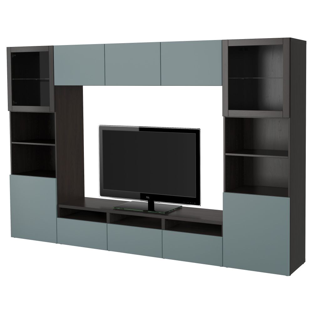 Шкаф для ТВ, комбинированный, стекляные дверцы БЕСТО, черно-коричневый, Вальвикен серо-бирюзовый, прозрачное стекло (300x40x192 - фото 1