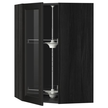 Угловой навесной шкаф с вращающающейся секцией, стеклянными дверцами МЕТОД, черный, Лаксарби черно-коричневый