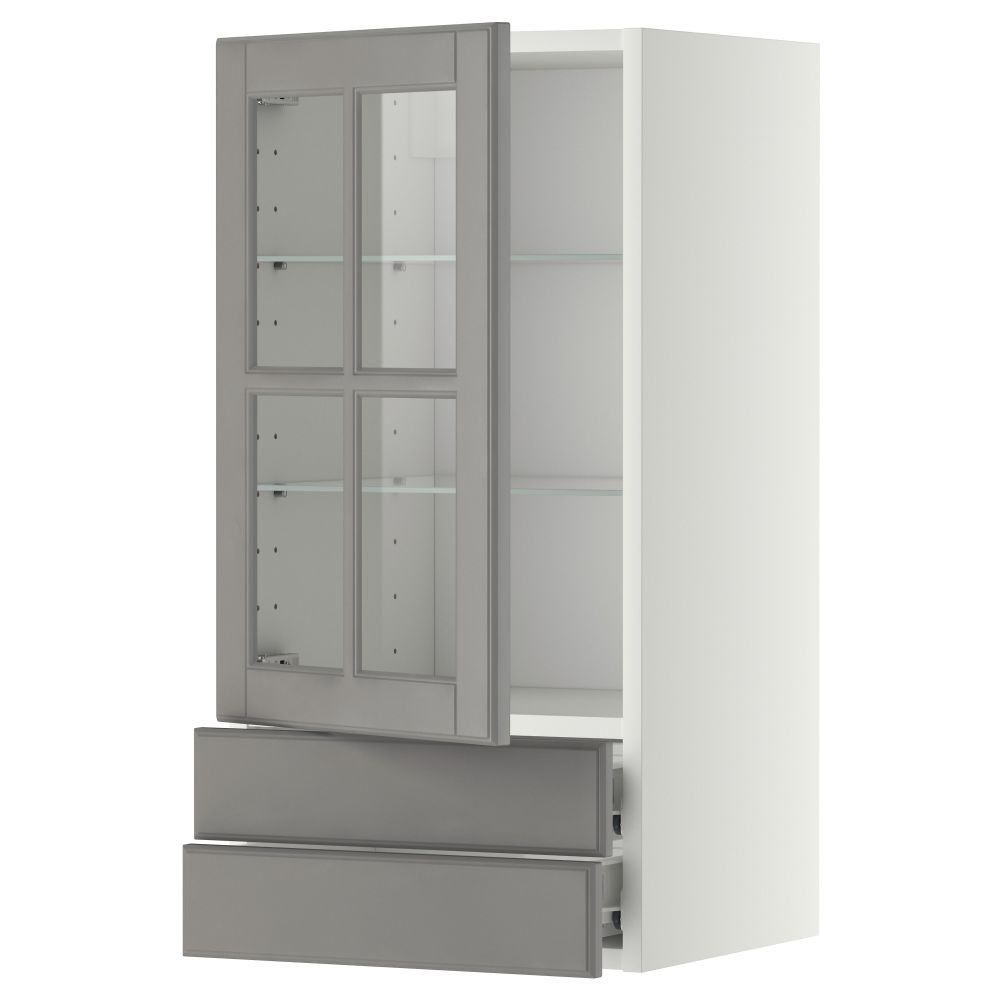 Навесной шкаф, стеклянная дверца, 2 ящика МЕТОД / ФОРВАРА, белый, Будбин серый - фото 1