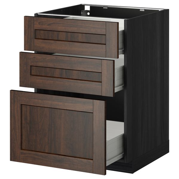 Напольный шкаф с 3 ящиками МЕТОД / ФОРВАРА, черный, Эдсерум коричневый - схема-чертеж с размерами