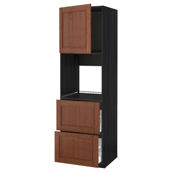 Высокий шкаф для духовки + дверца, 2 форнтальных, 2 высоких ящик МЕТОД / МАКСИМЕРА, черный, Филипстад коричневый - схема-чертеж с размерами