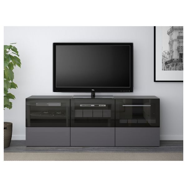 Тумба под ТВ, с дверцами и ящиками БЕСТО, черно-коричневый, Сельсвикен глянцевый/серый прозрачное стекло (180x40x64 см) - фото 2