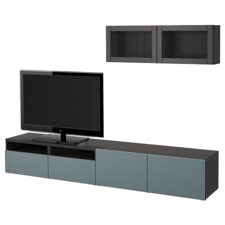 Шкаф для ТВ, комбинированный, стекляные дверцы БЕСТО, черно-коричневый, Вальвикен серо-бирюзовый, прозрачное стекло