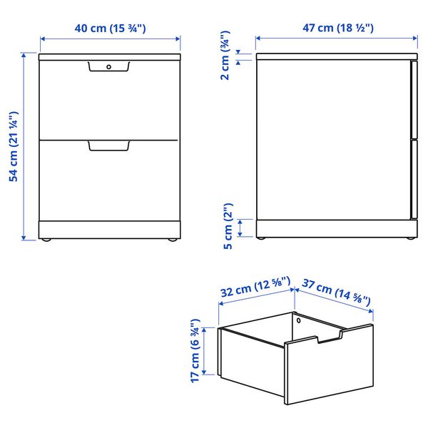 NORDLI Комод с 2 ящиками - белый 40x54 см - схема-чертеж с размерами