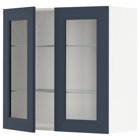 Навесной шкаф/полки/2стеклян двери, белый Акстад/матовая поверхность синий 80x80 см IKEA METOD МЕТОД 494.019.73