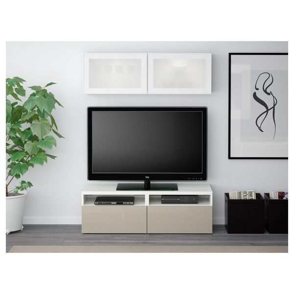 Шкаф для ТВ, комбинированный, стекляные дверцы БЕСТО, белый, Сельсвикен глянцевый/бежевый матовое стекло (120x20/40x166 см) - фото 2