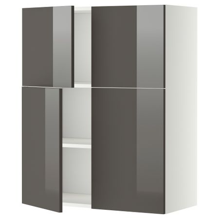 Навесной шкаф с полками, 4 дверцы МЕТОД, белый, Рингульт серый (80x100 см)