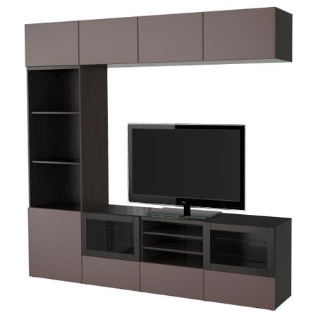 Шкаф для ТВ, комбинированный, стекляные дверцы БЕСТО, черно-коричневый, Вальвикен темно-коричневый, прозрачное стекло