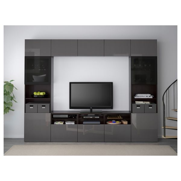 Шкаф для ТВ, комбинированный, стекляные дверцы БЕСТО, черно-коричневый, Сельсвикен глянцевый/серый дымчатое стекло (300x40x230 - фото 2