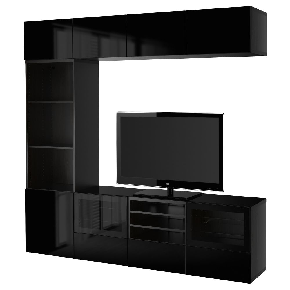 Шкаф для ТВ, комбинированный, стекляные дверцы БЕСТО, черно-коричневый, Сельсвикен глянцевый/черный прозрачное стекло - фото 1