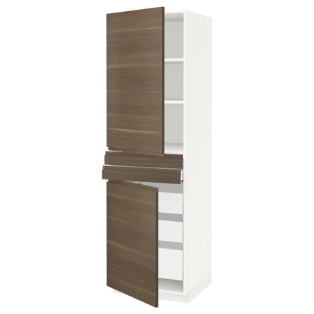 Высокий шкаф + полки, 5 ящиков, 2 дверцы, 2 фронтальных МЕТОД / МАКСИМЕРА, белый, Воксторп грецкий орех