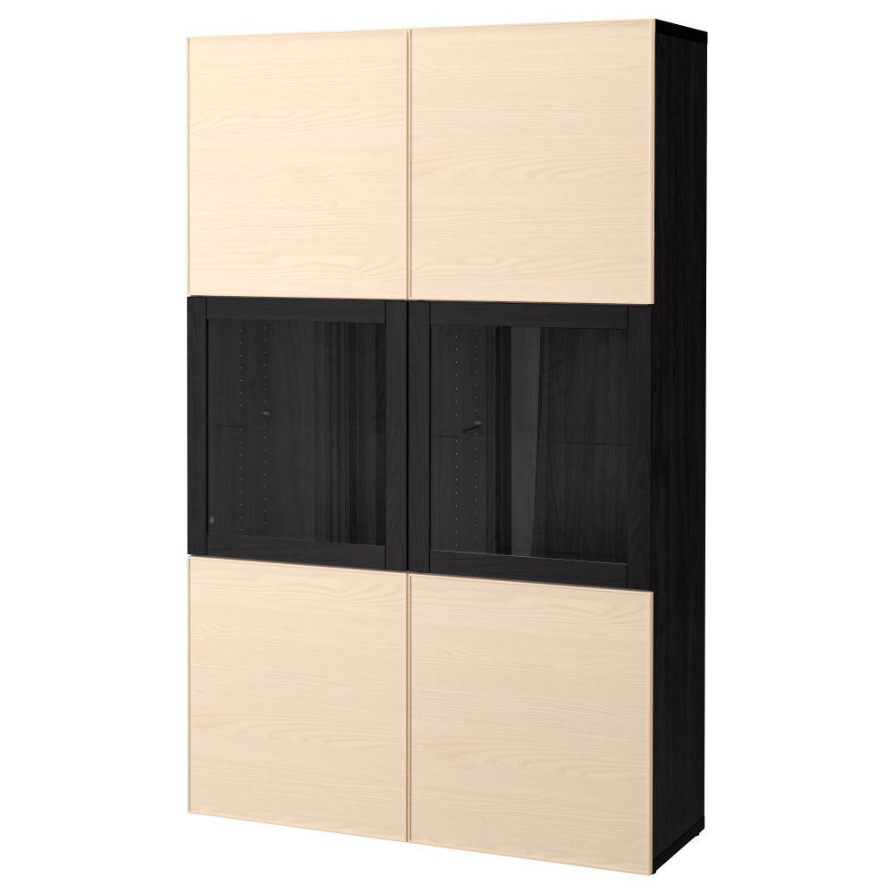 Комбинация для хранения со стеклянными дверцами БЕСТО, черно-коричневый, Инвикен ясеневый шпон (120x40x192 см) - фото 1