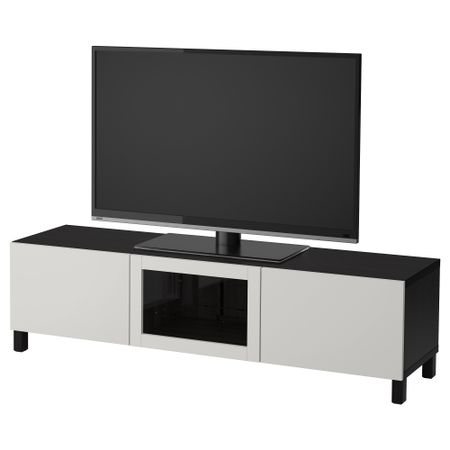 Тумба под ТВ с ящиками и дверцей БЕСТО, черно-коричневый, Лаппвикен светло-серый прозрачное стекло (180x40x48 см)