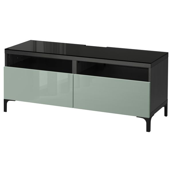Тумба для ТВ с ящиками БЕСТО, черно-коричневый, Сельсвикен глянцевый/серо-зеленый светлый (120x40x48 см) - фото 1