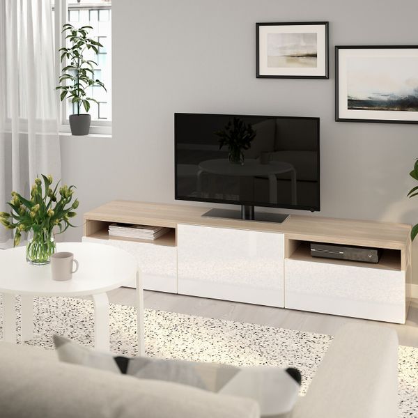 Тумба под ТВ, под беленый дуб, Сельсвикен глянцевый/белый, 180x40x38 см IKEA БЕСТО 192.503.48 - фото 2