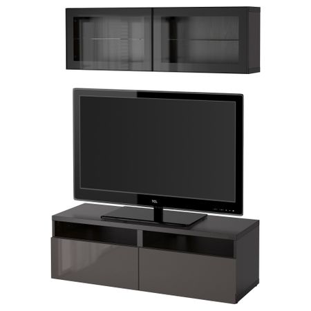 Шкаф для ТВ, комбинированный, стекляные дверцы БЕСТО, черно-коричневый, Сельсвикен глянцевый/серый прозрачное стекло