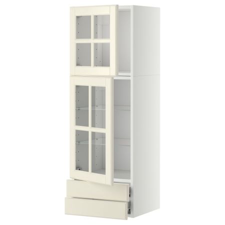 Навесной шкаф, 2 стеклянные дверцы, 2 ящика МЕТОД / ФОРВАРА, белый, Будбин белый с оттенком