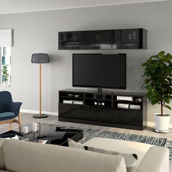 Шкаф для ТВ, комбинированный, стекляные дверцы, черно-коричневый/Сельсвикен глянцевый, черный дымчатое стекло 180x42x192 см IKEA - фото 6