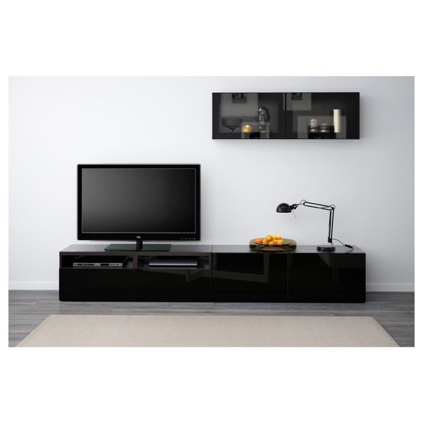 Шкаф для ТВ, комбинированный, стекляные дверцы БЕСТО, черно-коричневый, Сельсвикен глянцевый/черный прозрачное стекло - фото 2