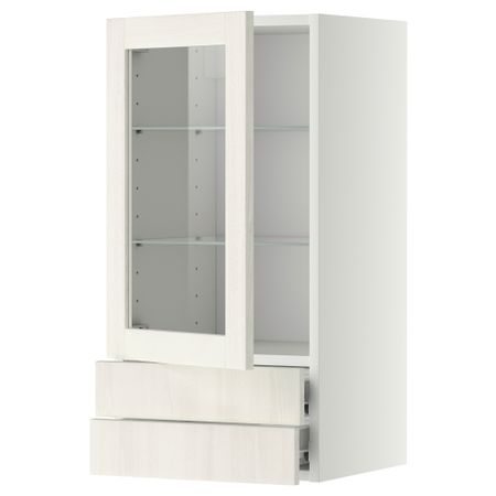 Навесной шкаф, стеклянная дверца, 2 ящика МЕТОД / ФОРВАРА, белый, Росдаль белый