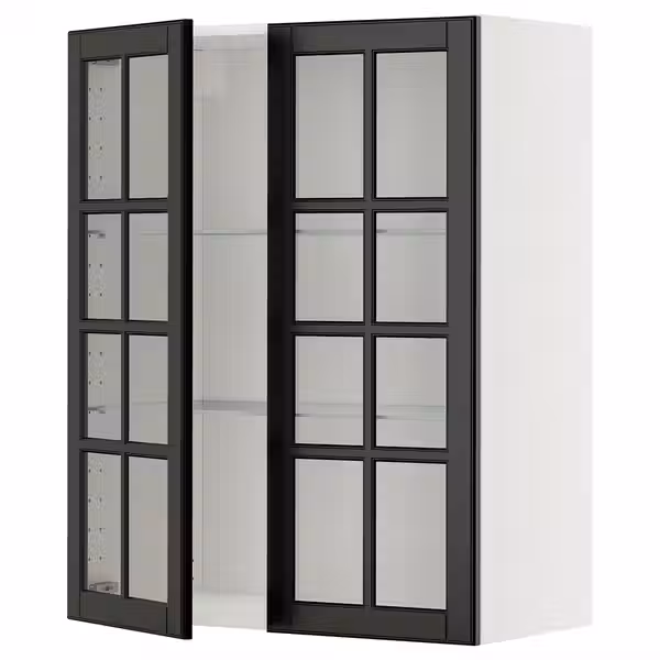METOD Навесной шкаф/полки/2стеклян двери - белый/Bodbyn чёрный 80x100 см - фото 1