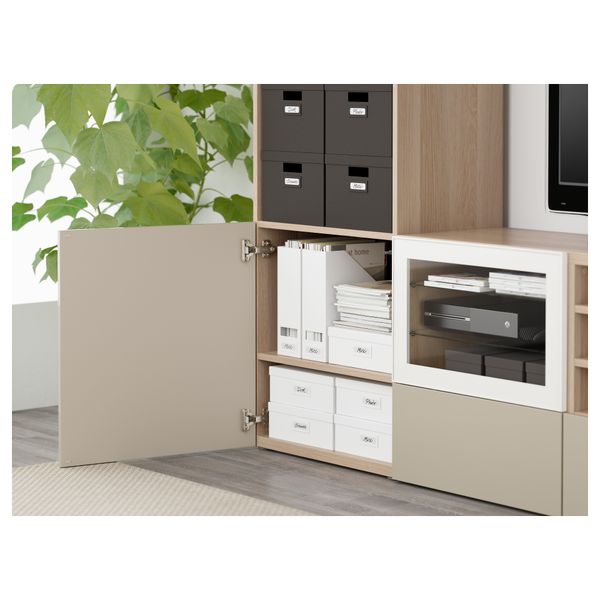 Шкаф для ТВ, комбинированный, стекляные дверцы БЕСТО, под беленый дуб, Сельсвикен глянцевый/бежевый прозрачное стекло - фото 3