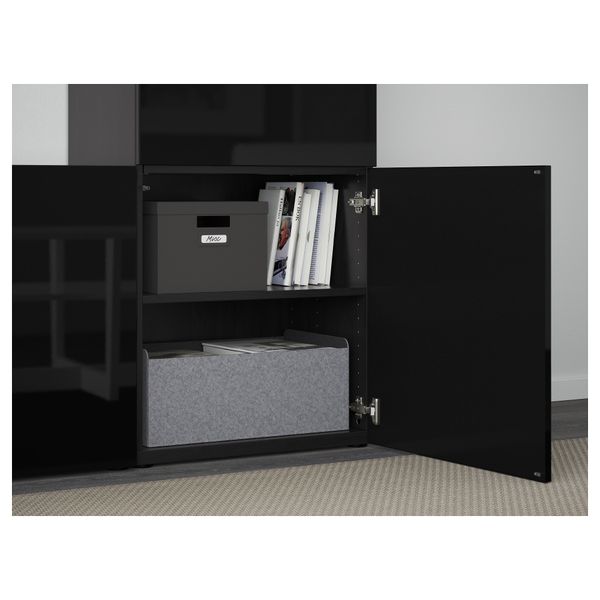 Шкаф для ТВ, комбинированный, стекляные дверцы БЕСТО, черно-коричневый, Сельсвикен глянцевый/черный дымчатое стекло (300x40x192 - фото 3