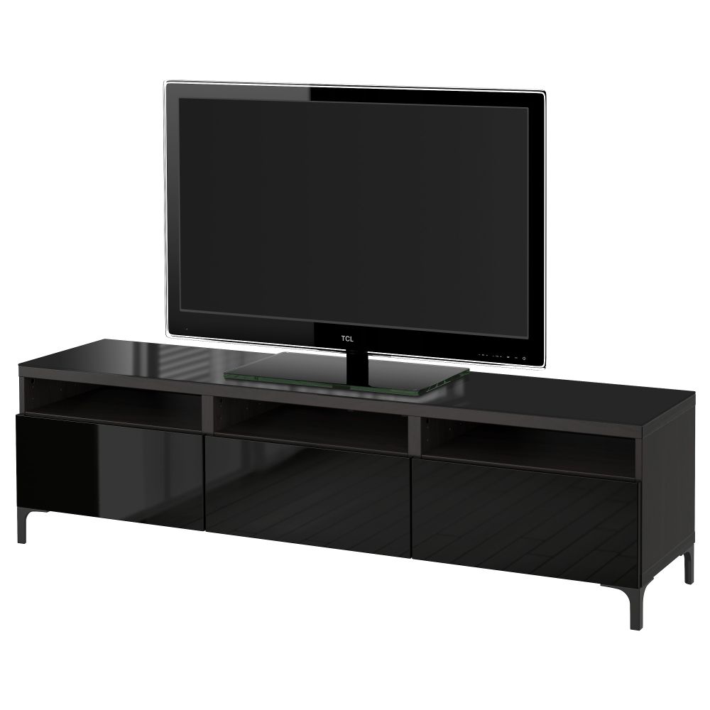 Тумба для ТВ с ящиками БЕСТО, черно-коричневый, Сельсвикен глянцевый/черный (180x40x48 см) - фото 1