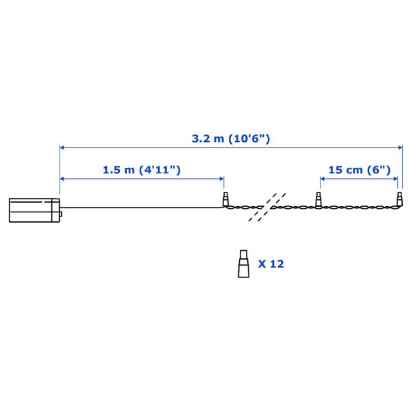 Гирлянда, 12 светодиодов, для сада/с батарейным питанием черный IKEA LEDLJUS ЛЕДЛЬЮС 103.574.57 - схема-чертеж с размерами