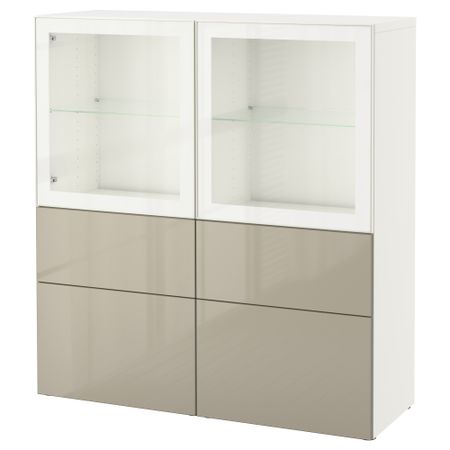 Комбинация для хранения со стеклянными дверцами БЕСТО, белый, Сельсвикен глянцевый/бежевый прозрачное стекло (120x40x128 см)
