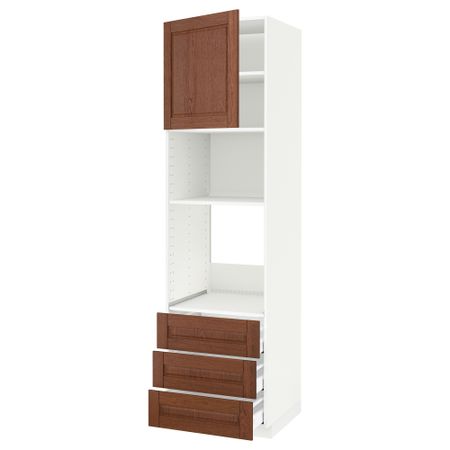 Высокий шкаф для духовки/СВЧ дверца, 3 ящика МЕТОД / МАКСИМЕРА, белый, Филипстад коричневый