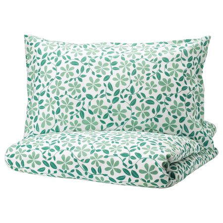 Пододеяльник и 1 наволочка, белый, зеленый 150x200/50x70 см IKEA ЮВЕЛЬБЛОММА 904.497.93