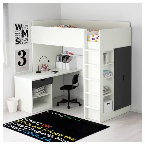 Кровать-чердак, 1 ящик, 2 дверцы СТУВА, белый, черный (207x99x193 см) - фото 3