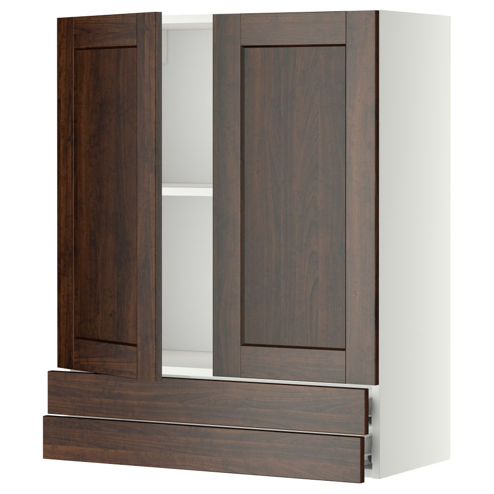Навесной шкаф, 2 дверцы, 2 ящика МЕТОД / ФОРВАРА, белый, Эдсерум коричневый - фото 1