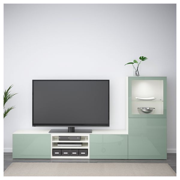 Шкаф для ТВ, комбинированный, стекляные дверцы БЕСТО, белый Сельсвикен, глянцевый/серо-зеленый светлый прозрачное стекло - фото 2