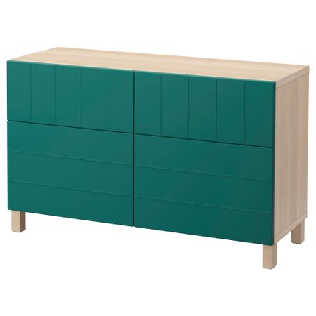 Комбинация для хранения с дверцами, ящиками БЕСТО, под беленый дуб, Халлставик сине-зеленый (120x40x74 см)