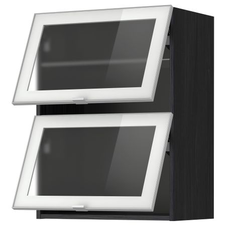 Навесной горизонтальный шкаф, 2 зеркальная дверцами МЕТОД, черный, Ютис матовое стекло