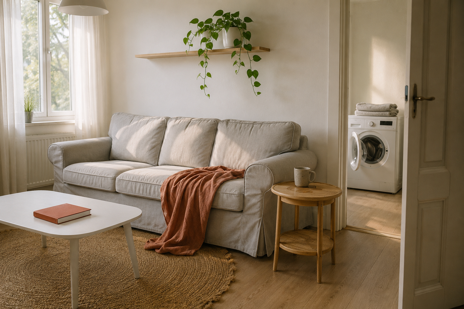 Светло-серый диван IKEA EKTORP со снятым чехлом рядом с открытой стиральной машиной