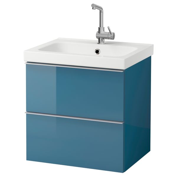 Шкаф для раковины с 2 ящиками ГОДМОРГОН / ОДЕНСВИК, глянцевый бирюзовый (60x49x64 см) - фото 3