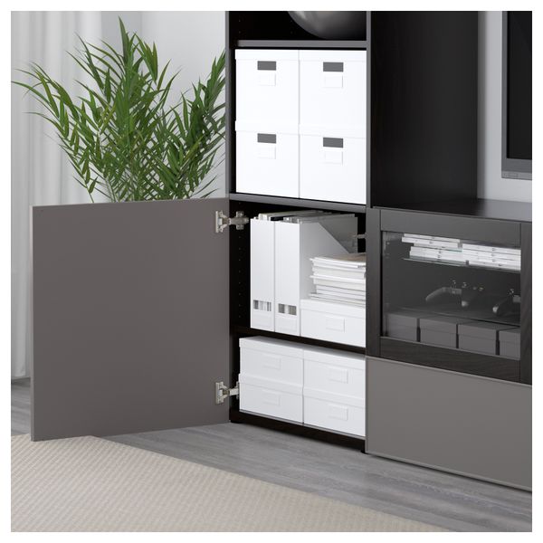 Шкаф для ТВ, комбинированный, стекляные дверцы БЕСТО, черно-коричневый Грундсвикен, темно-серый прозрачное стекло - фото 4