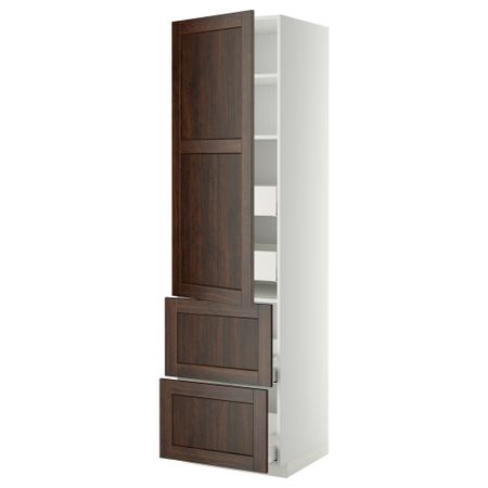 Высокий шкаф + полки, 4 ящика, 2 дверцы МЕТОД / МАКСИМЕРА, белый, Эдсерум коричневый