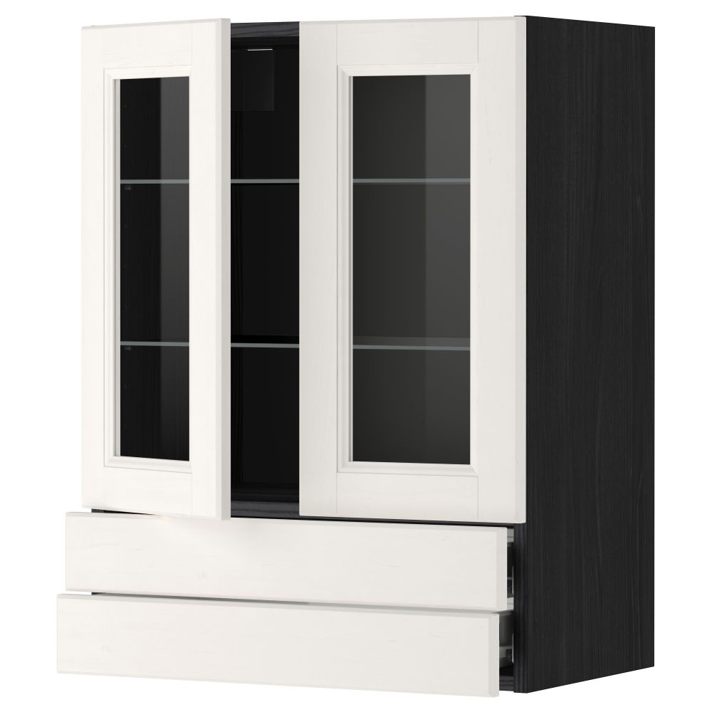 Навесной шкаф, 2 стеклянные дверцы, 2 ящика МЕТОД / ФОРВАРА, черный, Лаксарби белый - фото 1