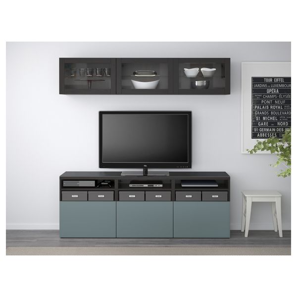 Шкаф для ТВ, комбинированный, стекляные дверцы БЕСТО, черно-коричневый, Вальвикен серо-бирюзовый, прозрачное стекло (180x40x192 - схема-чертеж с размерами