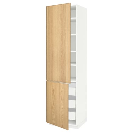 Высокий шкаф + полки, 3 ящика, 2 дверцы МЕТОД / МАКСИМЕРА, белый, Экестад дуб