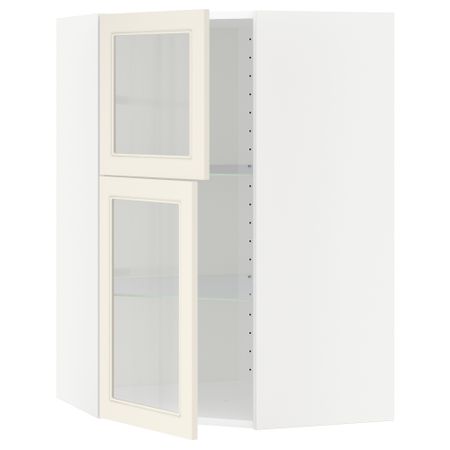 Угловой навесной шкаф + полки, 2 стеклянные дверцы МЕТОД, белый, Хитарп белый с оттенком (68x100 см)