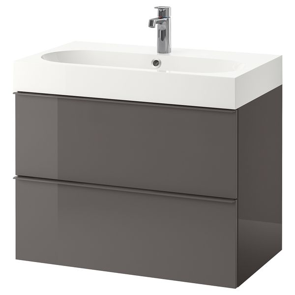 Шкаф для раковины с 2 ящиками, 80x48x68 см, глянцевый серый IKEA BRÅVIKEN БРОВИКЕН, GODMORGON ГОДМОРГОН 698.749.52 - фото 1