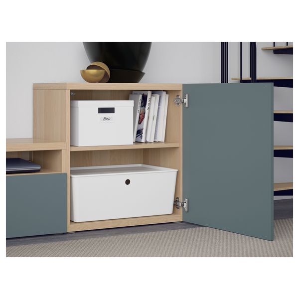 Шкаф для ТВ, комбинированный, стекляные дверцы БЕСТО, под беленый дуб, Вальвикен серо-бирюзовый, прозрачное стекло - фото 3