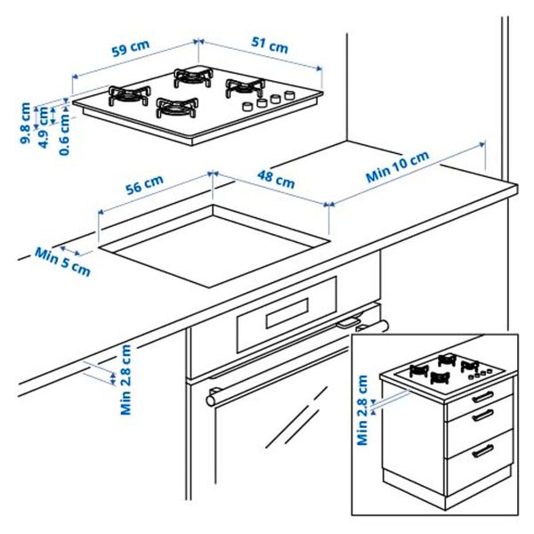 Поверхность встраиваемая газовая, стекло черный IKEA LIVSGNISTA 402.780.67 - схема-чертеж с размерами